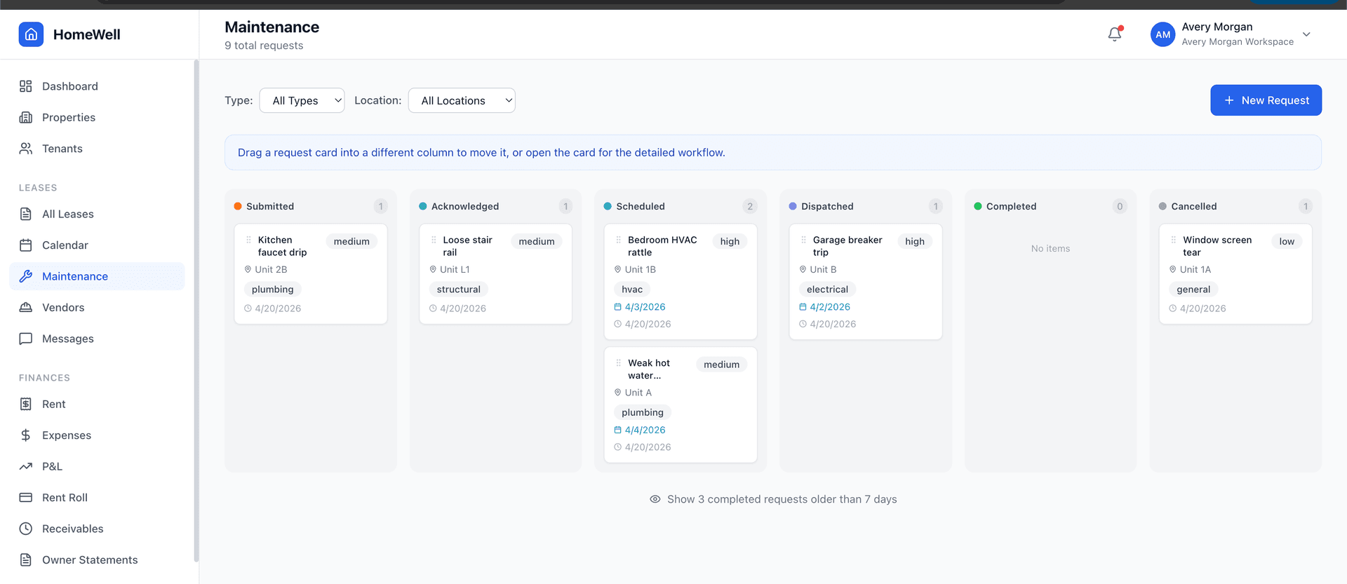 HomeWell maintenance dashboard