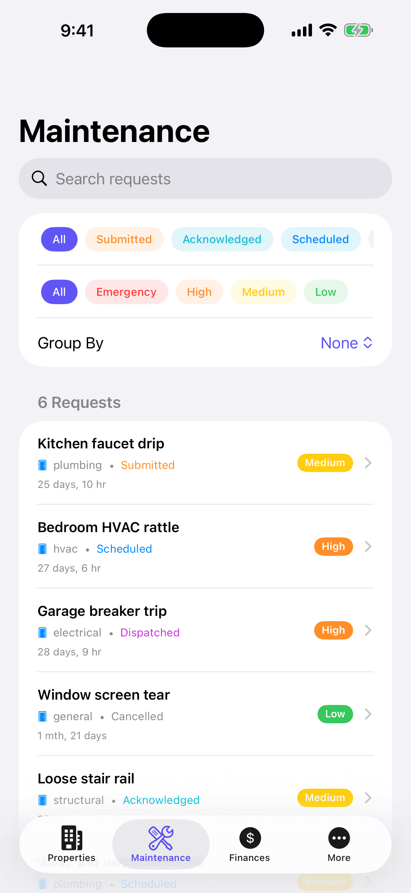 HomeWell Property Manager mobile maintenance screen