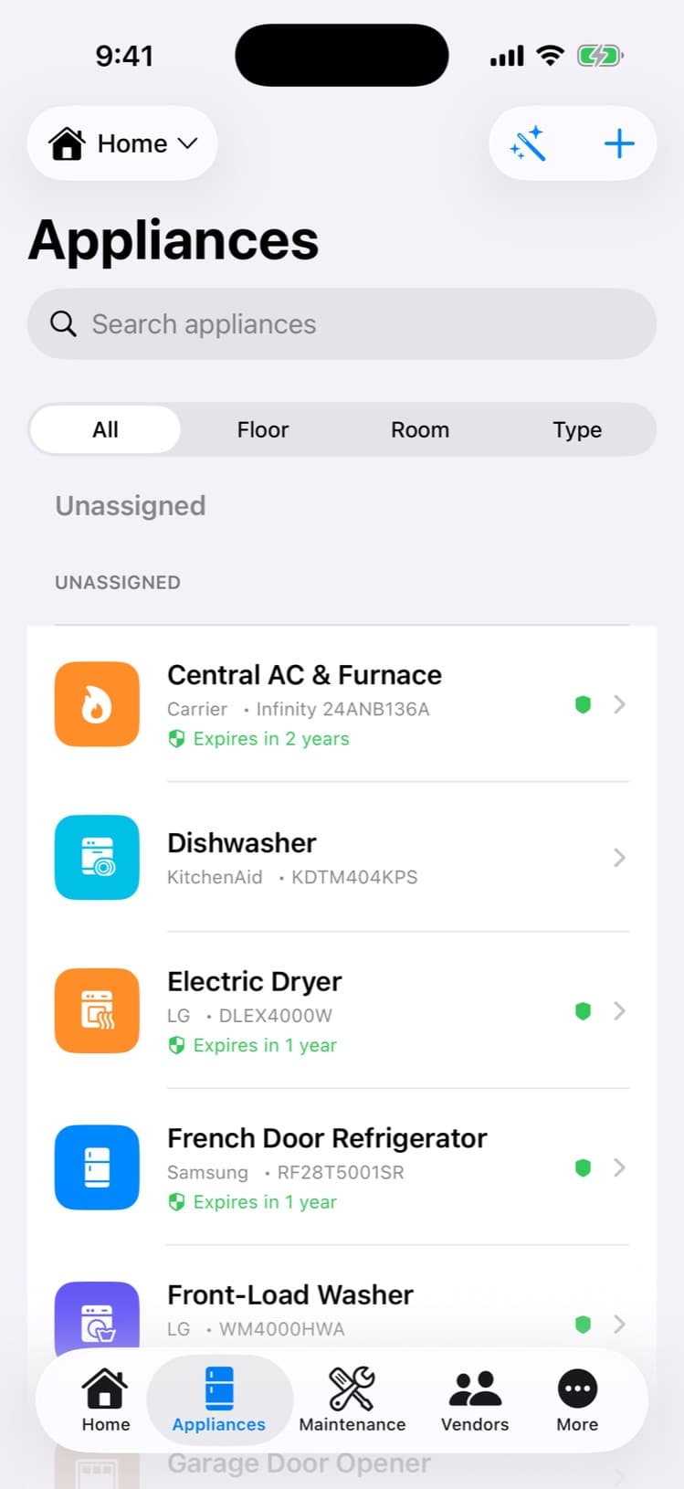 Appliances list with real brands and models