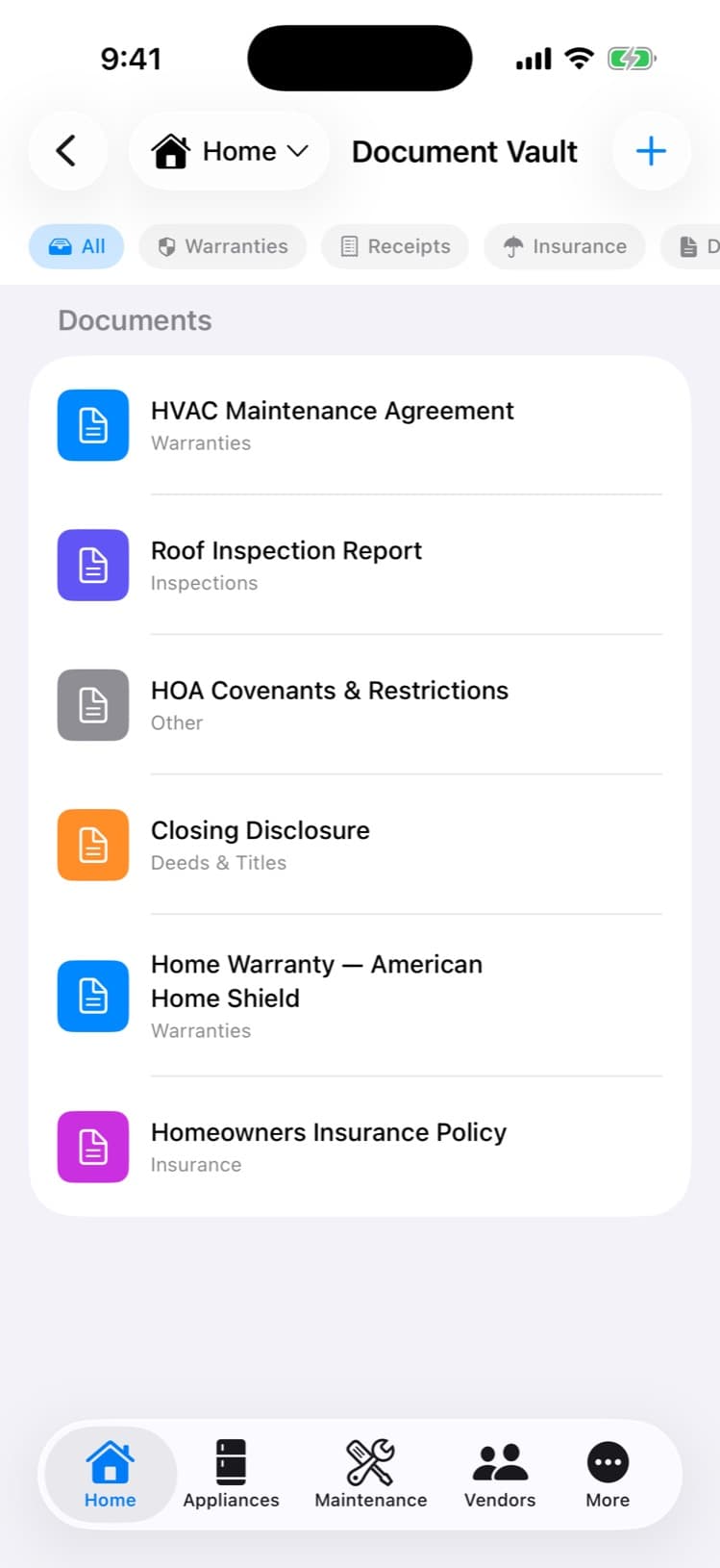Document vault with deed, insurance, and warranties