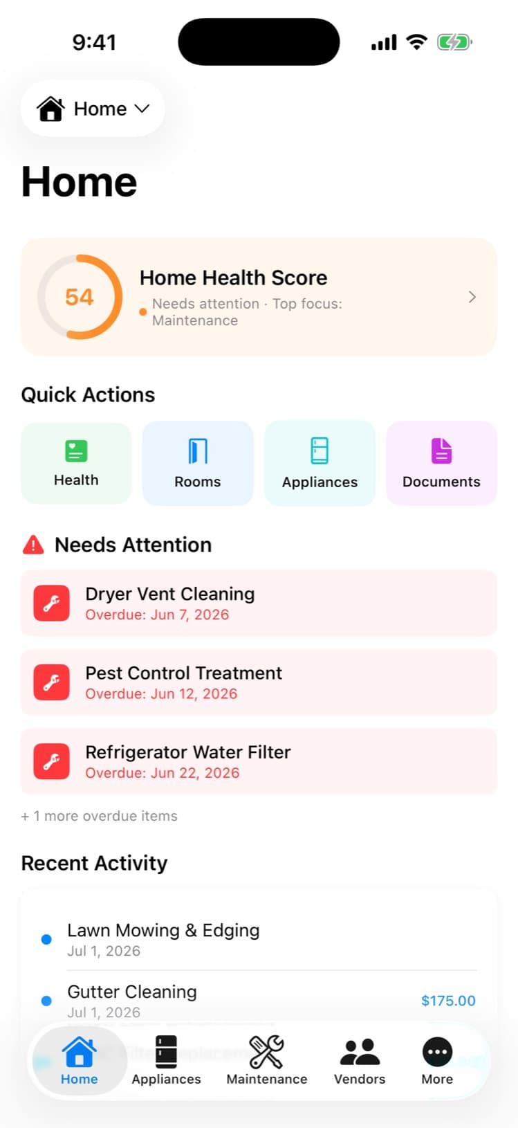 HomeWell home dashboard with health score and recent activity