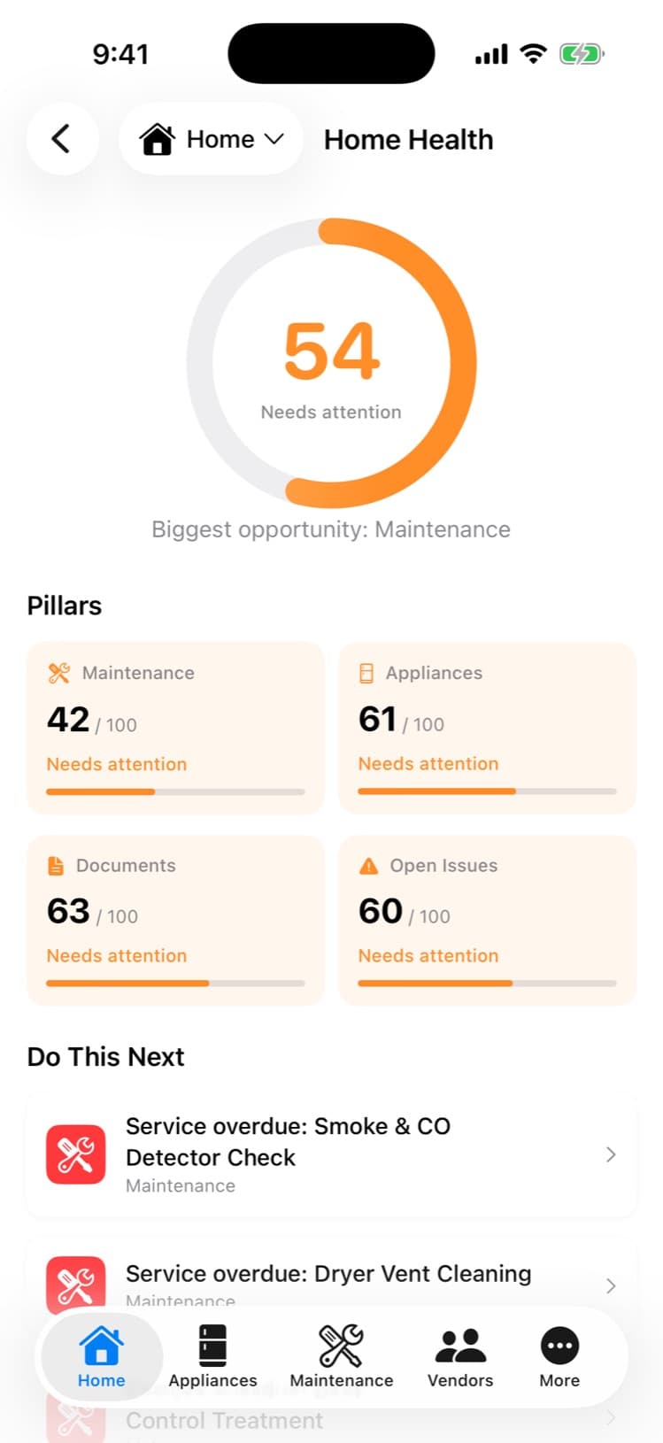 Home Health Score screen with four pillars
