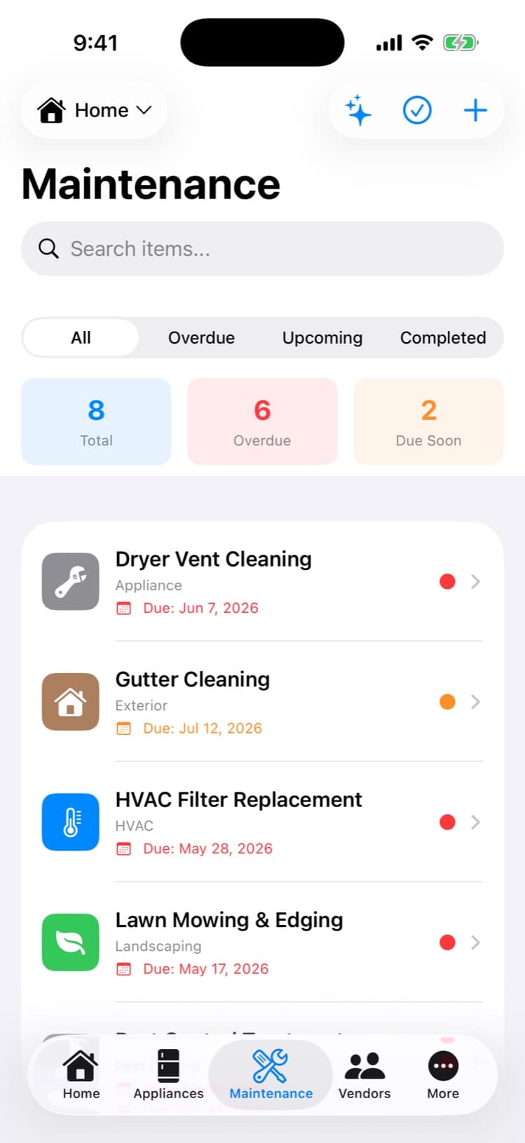Maintenance list with overdue counts