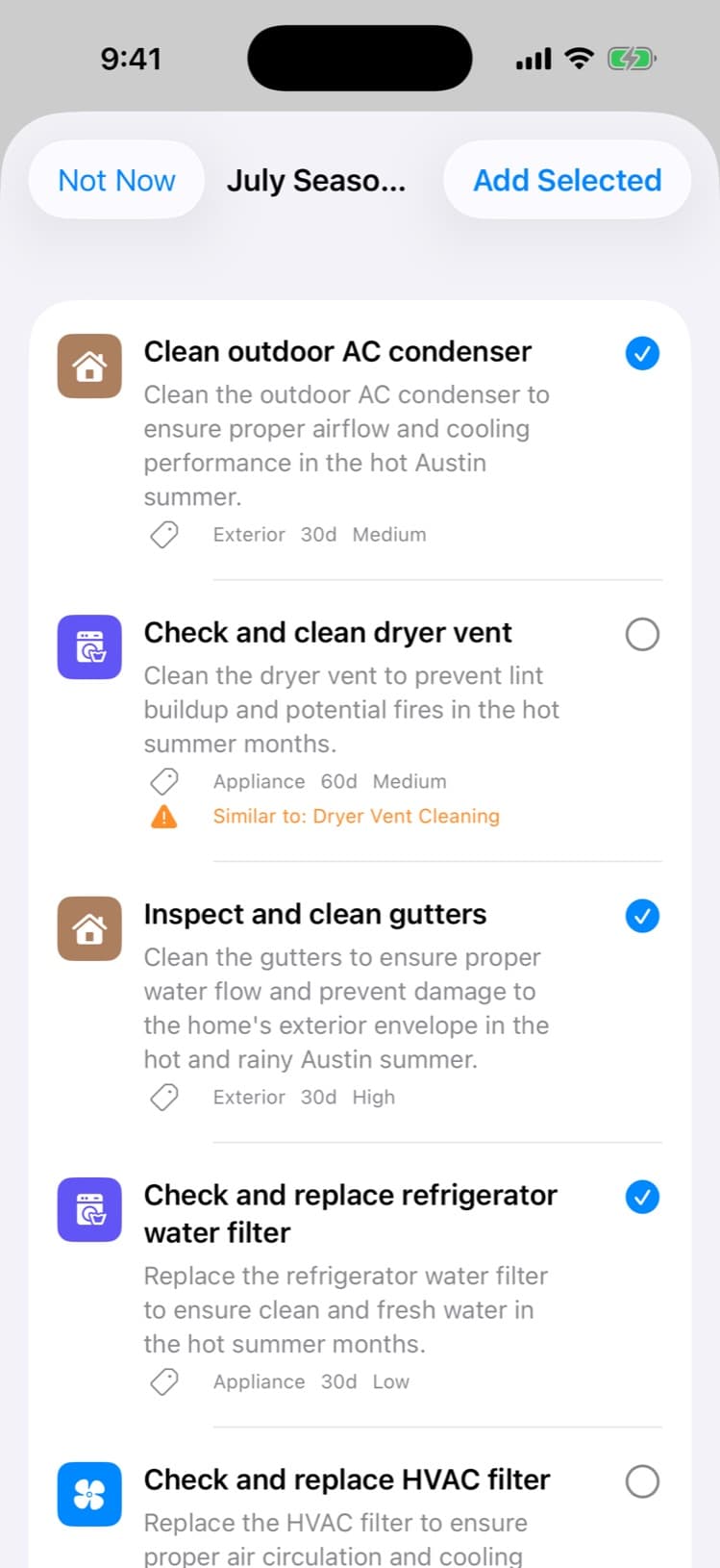 Seasonal AI task suggestions tailored to a city