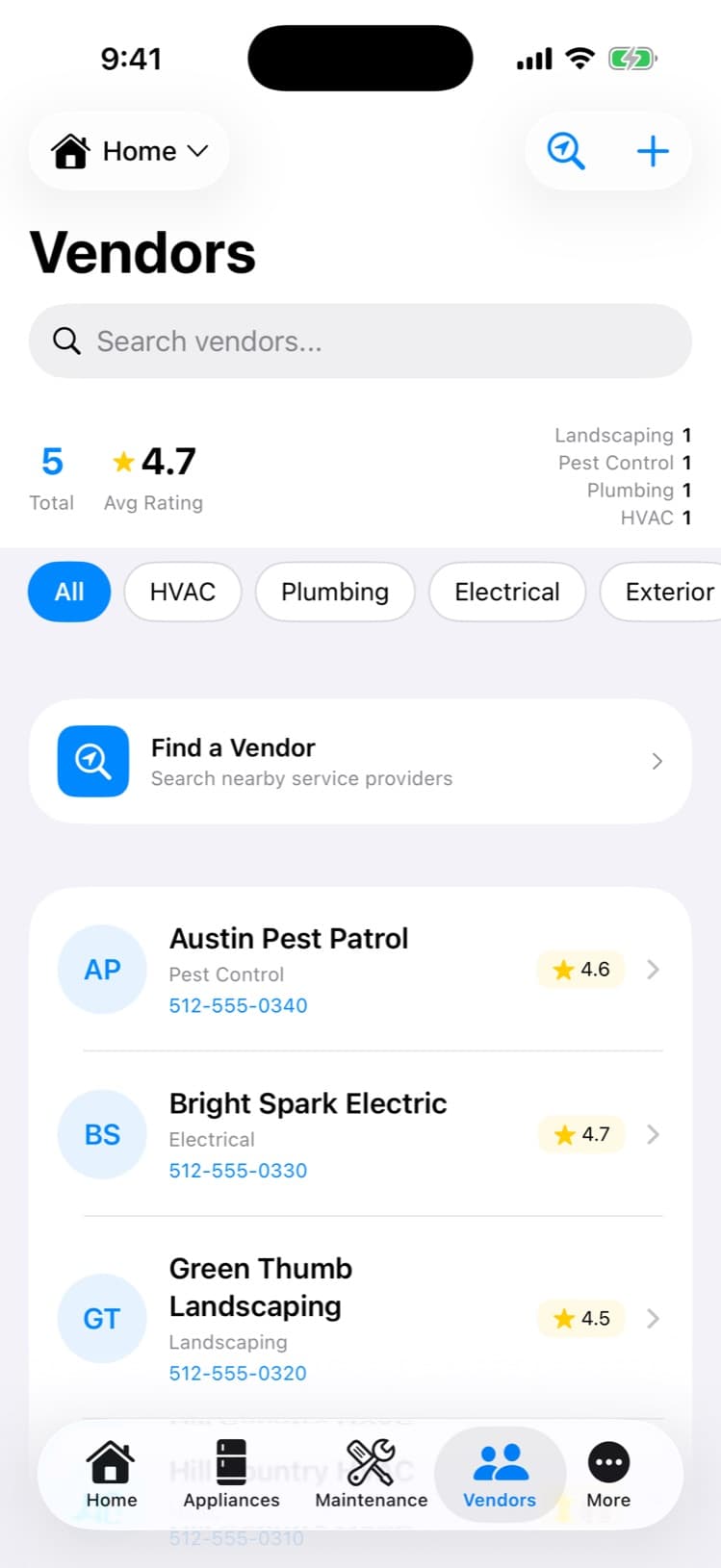 Vendors list with ratings and categories