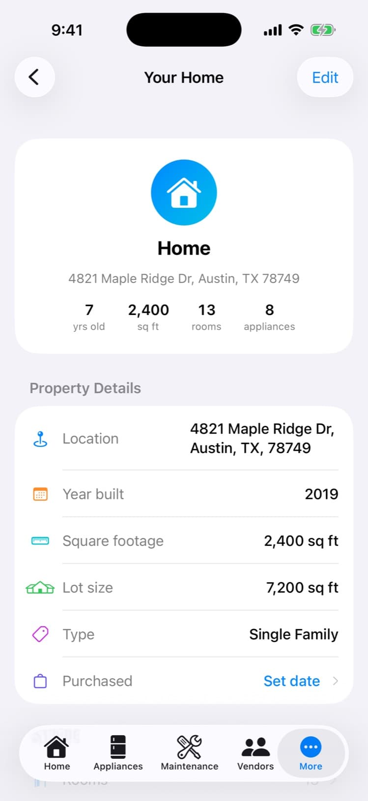 Your Home overview with address and property details